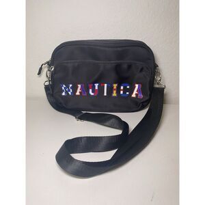 Nautica belt bag or crossbody Navy multi colored letters red zipper